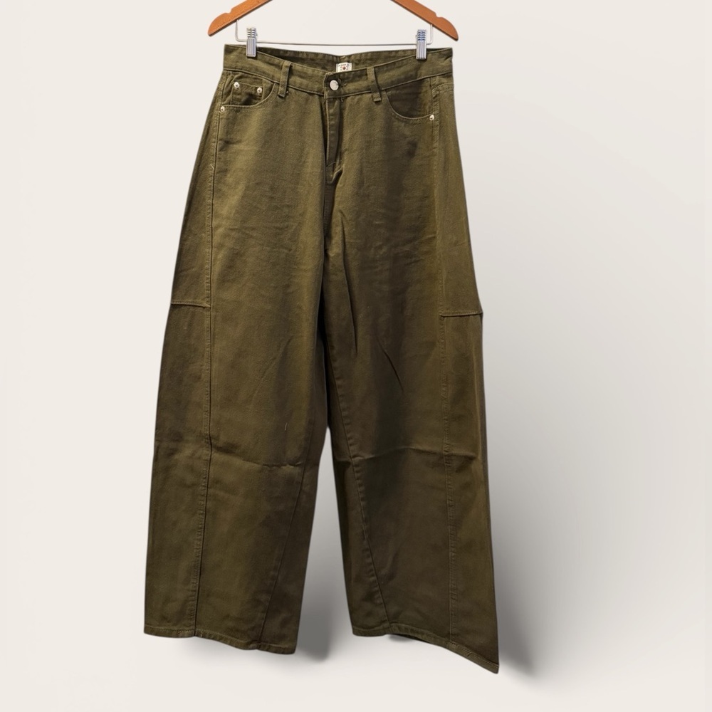Women's Olive Green Barrel Jeans - Picture 2 of 3